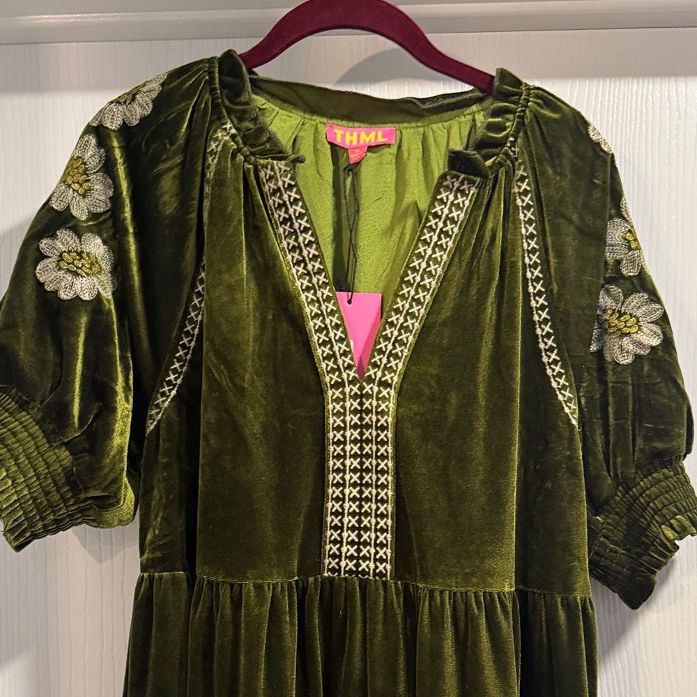 THML Olive Green Top with White Embroidery